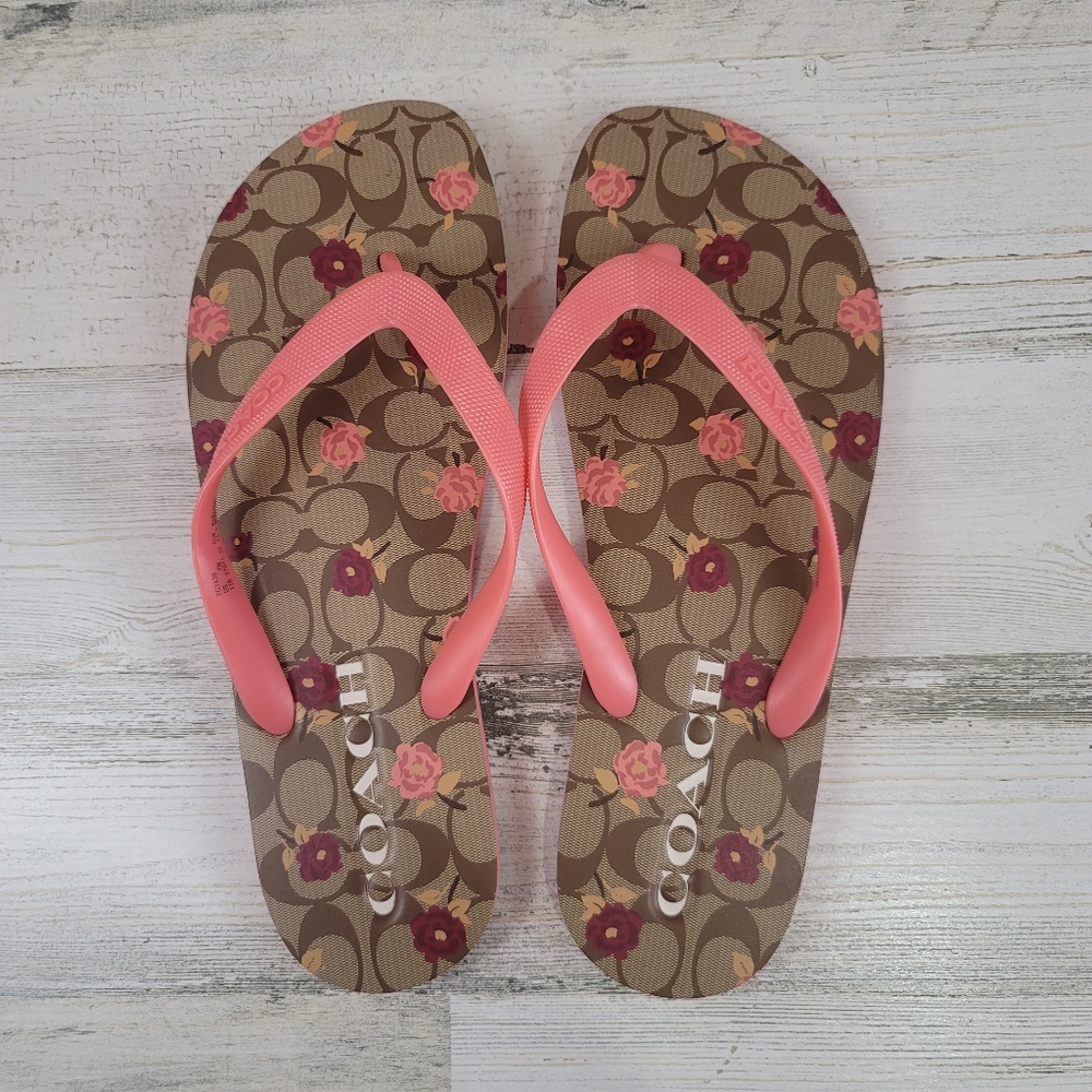 Brown and Pink Coach Flip Flops Size 11/12.